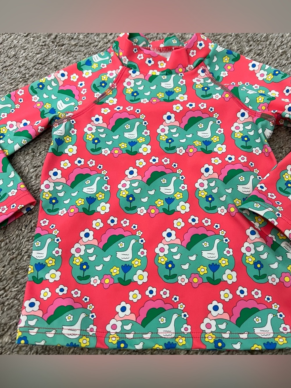 Baby Boden Coral Pink Floral & Ducklings Print Swim Top Size 12/18 months
